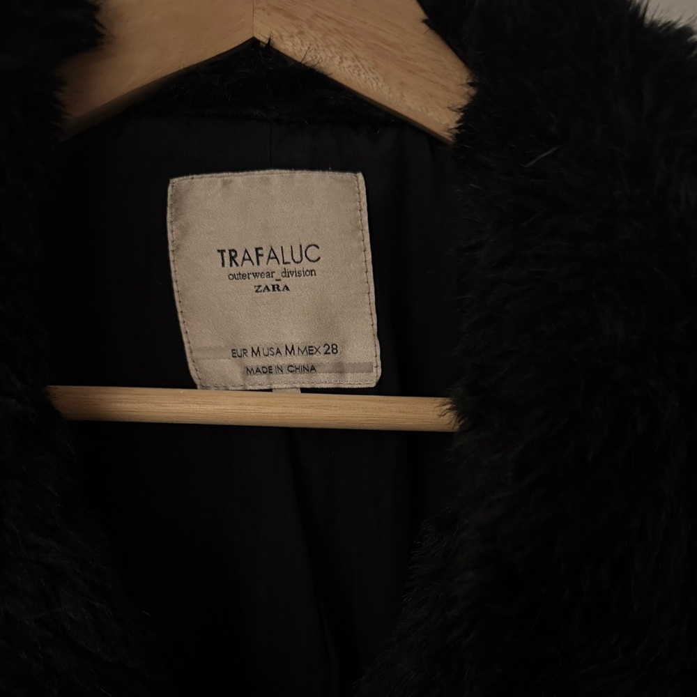 Zara Black Faux Fur Collar Coat Medium - Picture 4 of 7